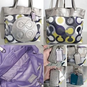 COACH JULIA SCARF PRINT PERRY LILAC MULTI METALLIC GLITTERY SILVER TOTE …
